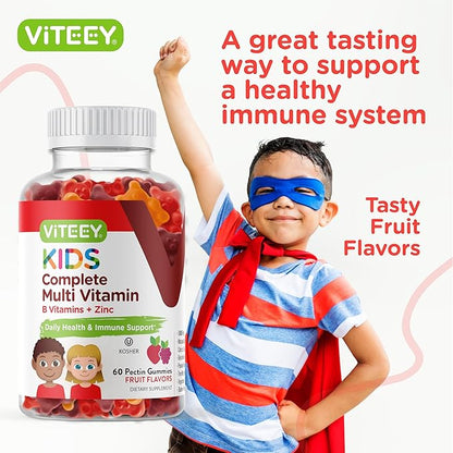 Viteey Kids Multivitamin Gummies, Complete Daily Essential Kids Vitamins - Great for Immune Support & Overall Health - 12 Essential Minerals & Vitamins - Vegetarian, Gelatin Free- Fruit Flavor Gummy