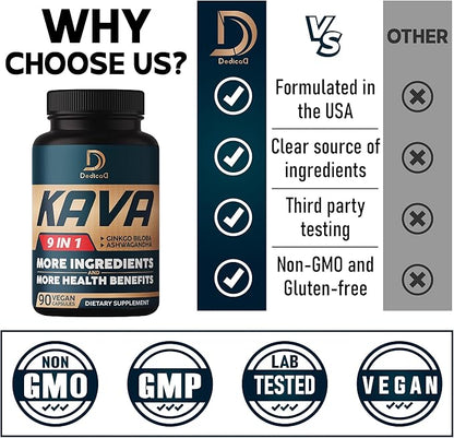 Kava Kava Capsules - 3 Month Supply - 9 Herbs with Ginkgo Biloba, Ashwagandha Root, Andean Cocoa, Graviola Leaf, Chamomile, Valerian, Lemon Balm & Skullcap - Support Mood & Immune - 90 Pills