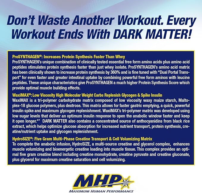 Maximum Human Performance MHP Dark Matter Post Workout, Recovery Accelerator, w/Multi Phase Creatine, Waxy Maize Carbohydrate, 6g EAAs, Orange Crush, 20 Servings, 55 Oz