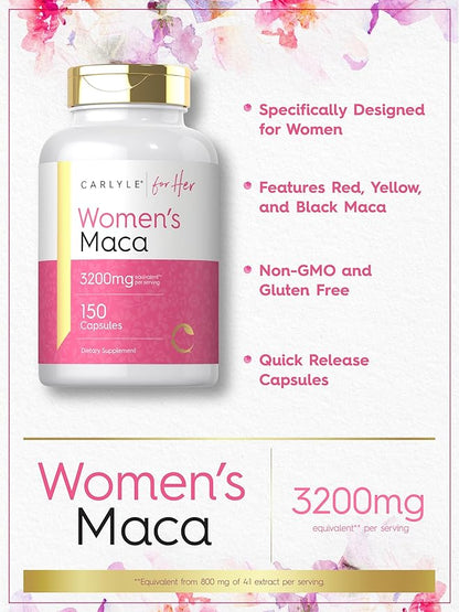 Carlyle Maca Root Capsules for Women 3200mg | 150 Count | Non-GMO, Gluten Free Supplement | for Her