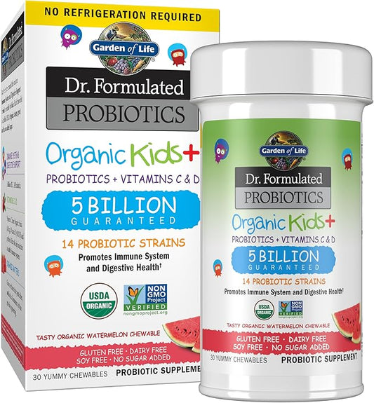 Garden of Life Dr. Formulated Probiotics Organic Kids+ Plus Vitamin C & D - Watermelon - Gluten, Dairy & Soy Free Immune & Digestive Health Supplement, No Added Sugar, 30 Chewables (Shelf Stable)
