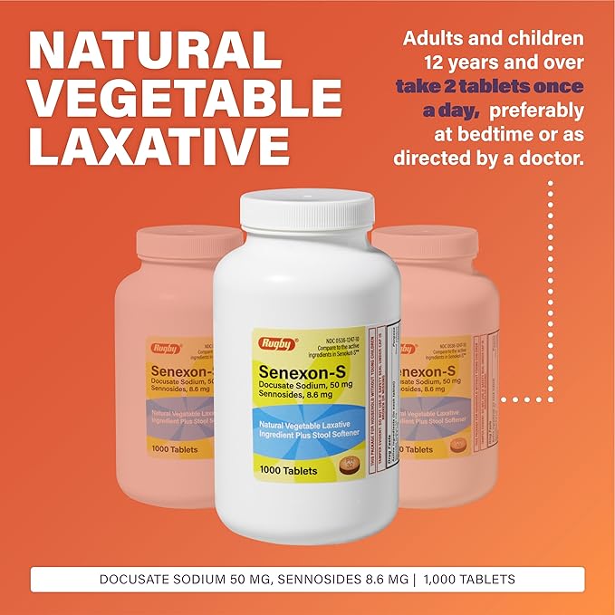 Rugby Senexon-S Natural Vegetable Laxative Plus Stool Softener - Docusate Sodium, 50 mg - Sennosides, 8.6 mg - 1000 Tablets