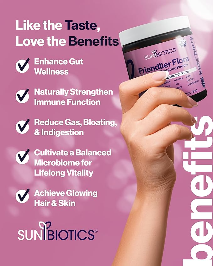 Friendlier Flora - Kids Prebiotic and Probiotic Powder Supplement with 5 Billion CFUs of 5 Probiotic Strains for Good Gut Flora, Immune System, & Balanced Microbiome - Berry, 2 Ounce