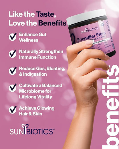 Friendlier Flora - Kids Prebiotic and Probiotic Powder Supplement with 5 Billion CFUs of 5 Probiotic Strains for Good Gut Flora, Immune System, & Balanced Microbiome - Berry, 2 Ounce