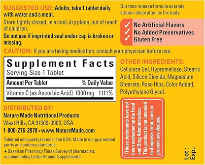 Nature Made Vitamin C 1000 mg Time Release Tablets with Rose Hips, 60 Count to Help Support the Immune System