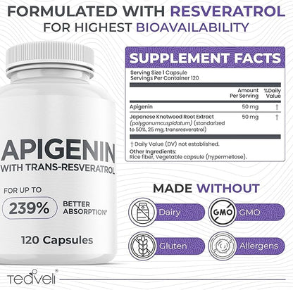 Advanced Apigenin Supplement with Resveratrol for Superior Bioavailability– 50mg Apigenin for Sleep Support Without Melatonin- Complements Magnesium Threonate, L Theanine- 120 Capsules, Vegan Friendly
