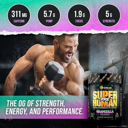 ALPHA LION Superhuman Pre Workout Powder, Beta Alanine, L-Taurine & Tri-Source Caffeine for Sustained Energy & Focus, Nitric Oxide & Citrulline for Pump (21 Servings, Grapezilla)