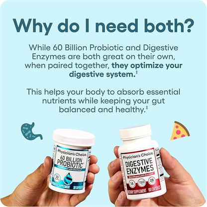 Physician's CHOICE Advanced Gut Health Bundle: 60 Billion Probiotics 30ct + Digestive Enzymes 60ct for Digestive, Gut, and Immune Health Supports Occasional Constipation, Diarrhea, Gas, and Bloating