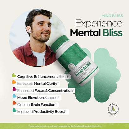 Mind Bliss Brain Supplement: 40-Ingredient Memory, Focus & Clarity Vitamins, Energy Boost & Nootropic Support with DMAE, 60 Pills
