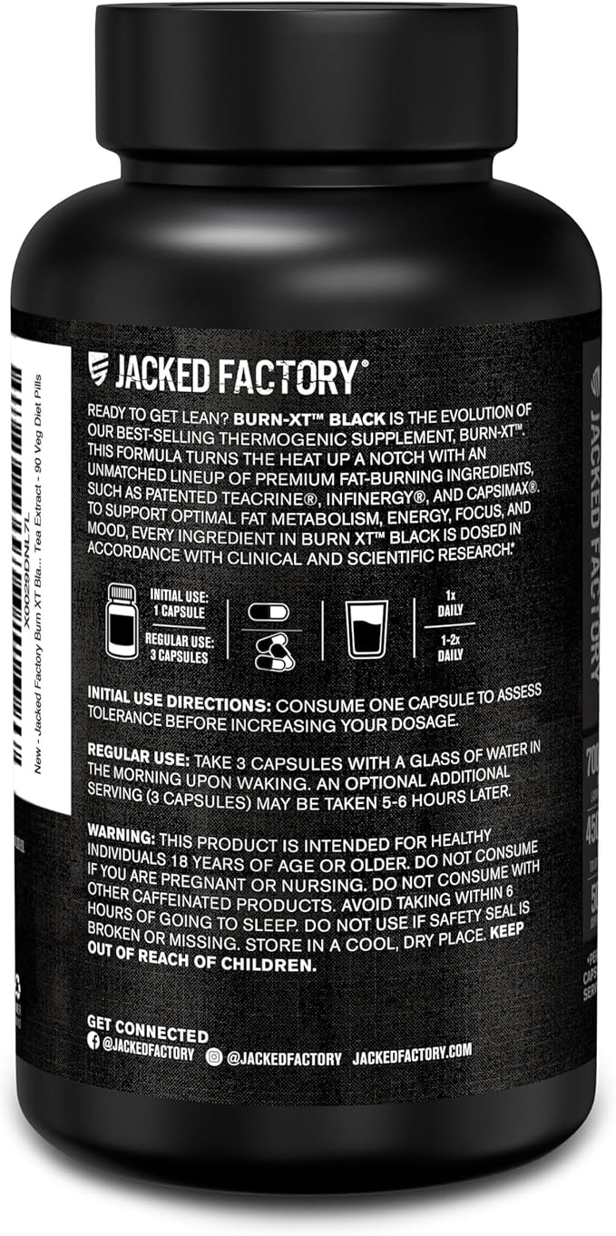 Jacked Factory Burn XT Black Thermogenic Fat Burner - Weight Loss Supplement, Appetite Suppressant, Nootropic Energy Booster | TeaCrine, Acetyl L-Carnitine, Green Tea Extract - 90 Veg Diet Pills
