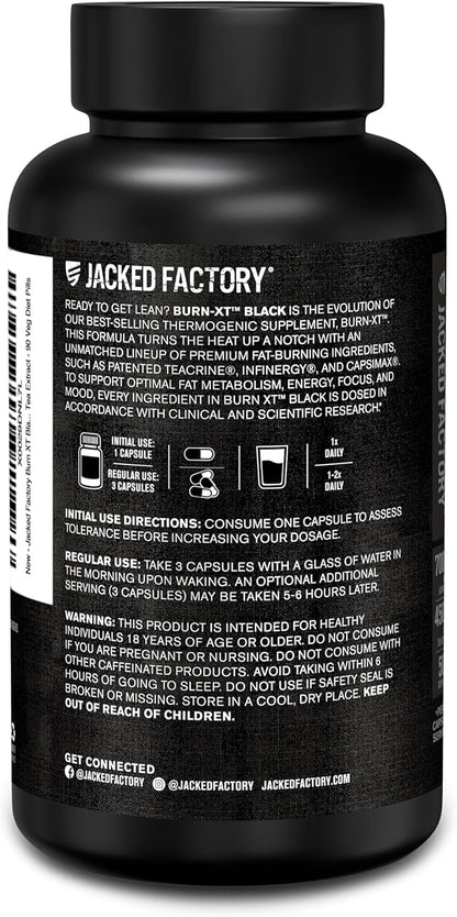Jacked Factory Burn XT Black Thermogenic Fat Burner - Weight Loss Supplement, Appetite Suppressant, Nootropic Energy Booster | TeaCrine, Acetyl L-Carnitine, Green Tea Extract - 90 Veg Diet Pills