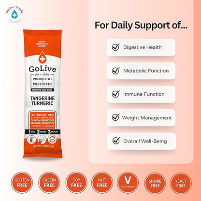 GoLive Prebiotic and Probiotic for Women, Men, Kids. Tangerine Turmeric Synbiotic Powder w/ L-Glutamine, Vitamin D3, Electrolytes. For Gut Health, Digestion, Metabolism, Immunity 15-50B CFUs.