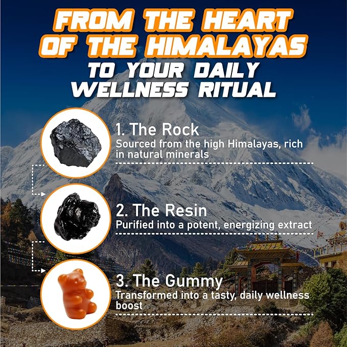 Pure Himalayan Shilajit Gummies No Added Sugar Ashwagandha, MACA Root, Turmeric Extract with Vitamin C, Non-GMO 100% Natural & Organic (60 Count, Gold)