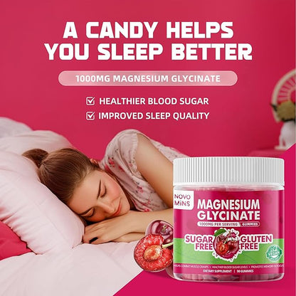 90 CT Magnesium Glycinate Gummies 1000mg - Sugar Free Magnesium Potassium Supplement with Vitamin D, B6, CoQ10 for Calm Mood & Sleep Support - 90 Cherry Gummies.