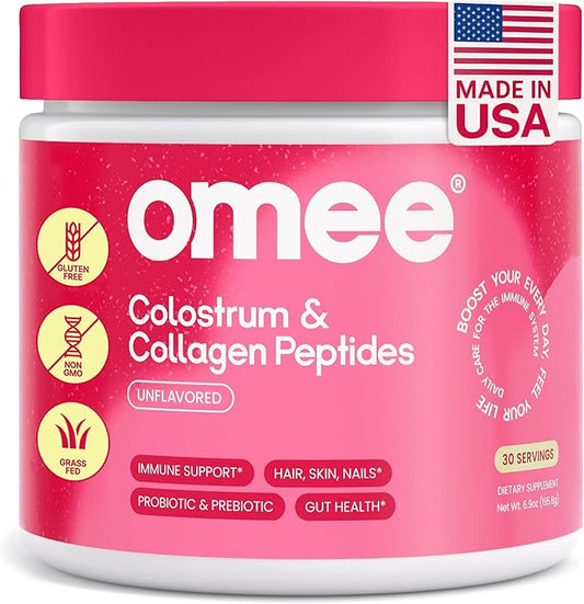 Bovine Colostrum and Collagen Powder | Hair Growth, Beauty, Skin & Nail Supplement | Gut Health, Immune Support | Probiotics | 40% IgG, Unflavored, Grass-Fed, Hydrolyzed, Gluten-Free, 30 Servings