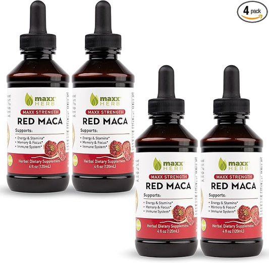 Maxx Herb Red Maca Root Extract - Max Strength Liquid Drops Absorb Better Than Powder or Capsules, for Stamina, Memory and Focus - Alcohol Free - 4 Bottles, 4 Oz Each (240 Servings)