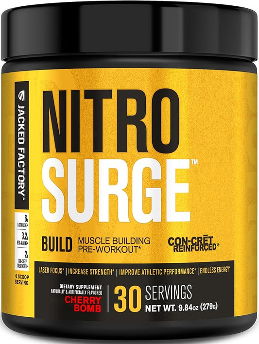 Jacked Factory Nitrosurge Build Pre Workout with Creatine for Muscle Building - Con Cret Creatine Powder & elevATP for Intense Energy, Powerful Pump, & Endless Endurance - 30 Servings, Cherry Bomb