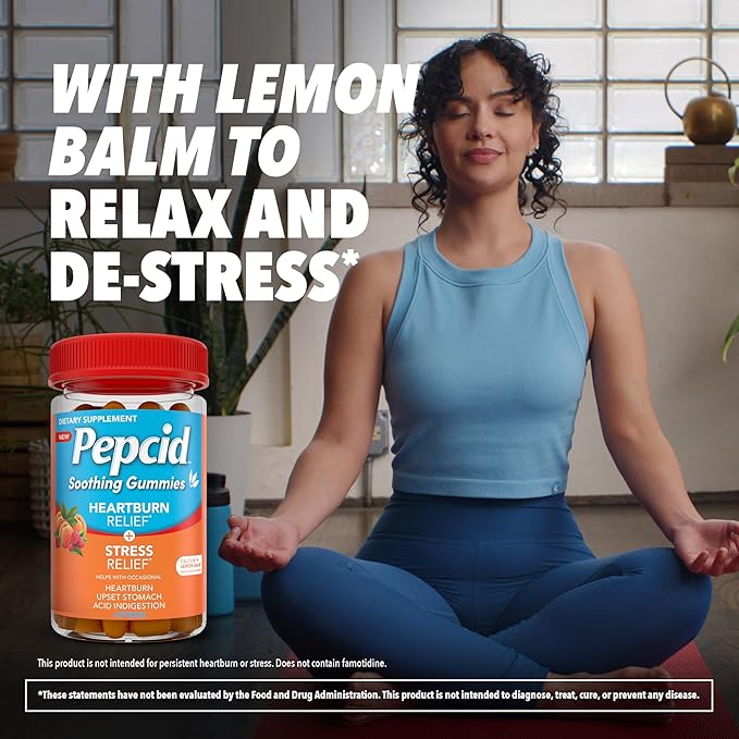 Pepcid Soothing Gummies, Heartburn Relief + Stress Relief Gummies Help with Occasional Heartburn, Upset Stomach, Acid Indigestion, & Stress, Tricalcium Phosphate, Peach-Raspberry, 32 ct
