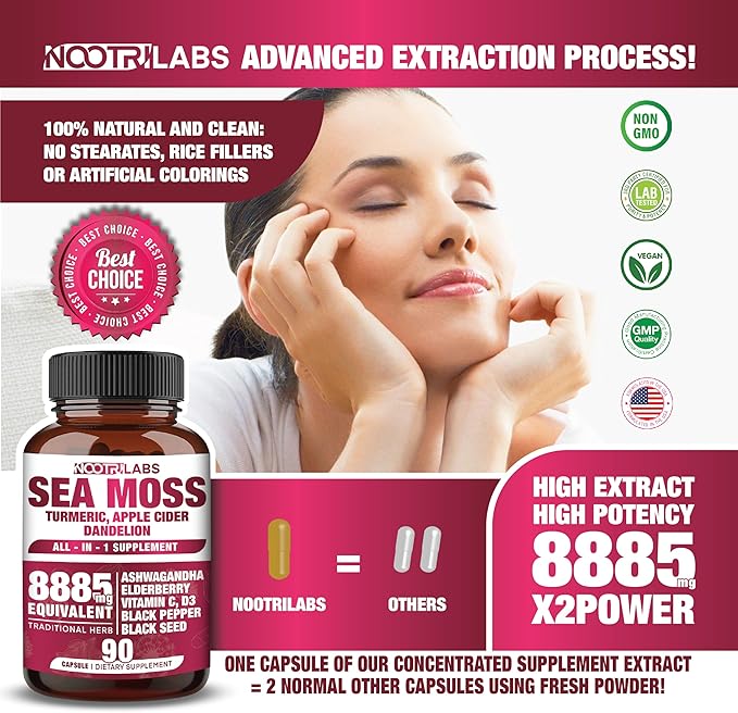 All-in-1 8885mg Highest Potency Sea Moss, Black Seed, Ashwagandha, Turmeric, Apple Cider Vinegar, Dandelion with Elderberry, Vitamin C & D3 - Immune, Energy Support Supplement - 90 Vegan Capsules