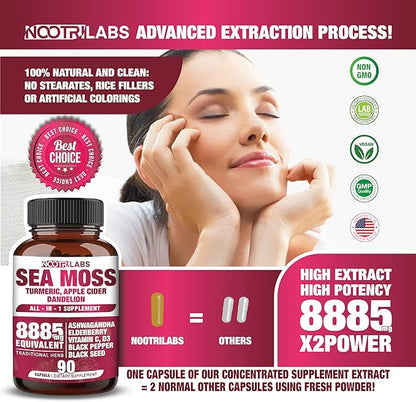 All-in-1 8885mg Highest Potency Sea Moss, Black Seed, Ashwagandha, Turmeric, Apple Cider Vinegar, Dandelion with Elderberry, Vitamin C & D3 - Immune, Energy Support Supplement - 90 Vegan Capsules