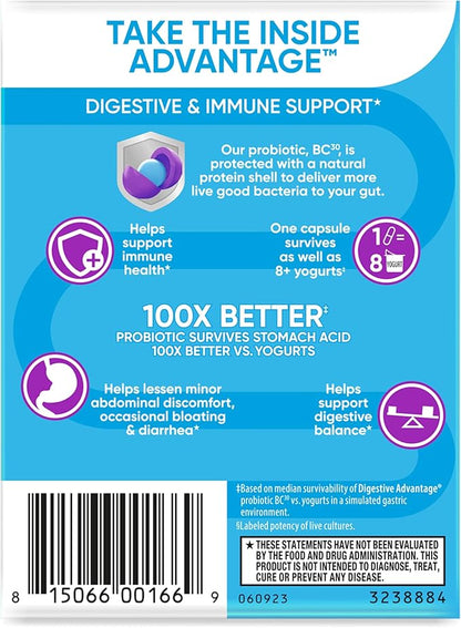 Daily Probiotic Capsule - Digestive Advantage 30 Capsules, Survives 100x Better, Lessens Bloating, Calcium, Promotes Digestive Health and Gut Flora, multi