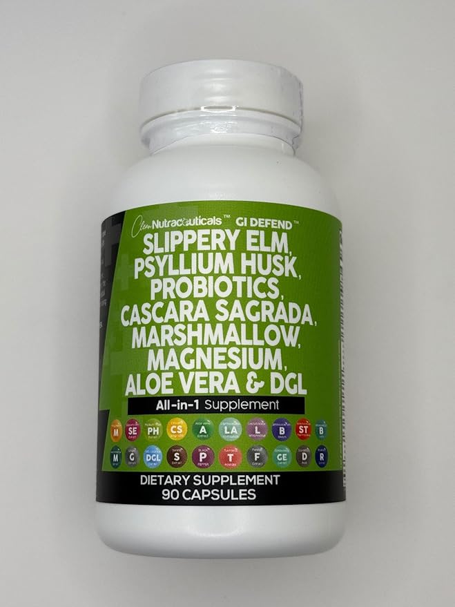 Clean Nutraceuticals Slippery Elm Psyllium Husk Pre Probiotic Digestive Gut Health Supplement with Aloe Vera Cascara Sagrada Marshmallow Root DGL Licorice Senna Extract