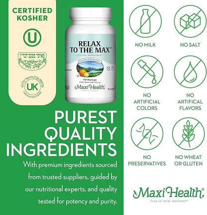 Maxi Health - Relax to the Max Stress Relief Formula (120 Count) Mood Relief Capsules with Vitamin C, Calcium, L-Theanine, L-Taurine & Amino Acids - All Natural Calming & Relaxation Supplements