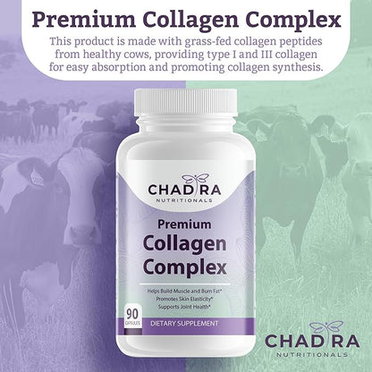 Premium Collagen Complex Type I & III Hydrolyzed Collagen Peptides for Women - Skin, Hair, Joint, & Muscle Support Collagen Supplements - Grass Fed, Non GMO - 90 Capsules