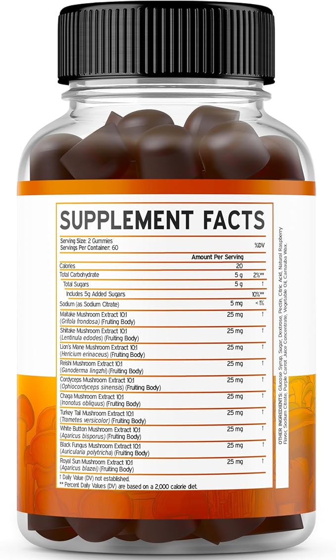Mushroom Gummies 2500mg 10 in 1 Blend (120 Gummies with Lions Mane, Cordyceps, Reishi & More Functional Mushrooms) Focus & Brain Mushroom Supplement - Vegan & Third Party Tested - USA Made