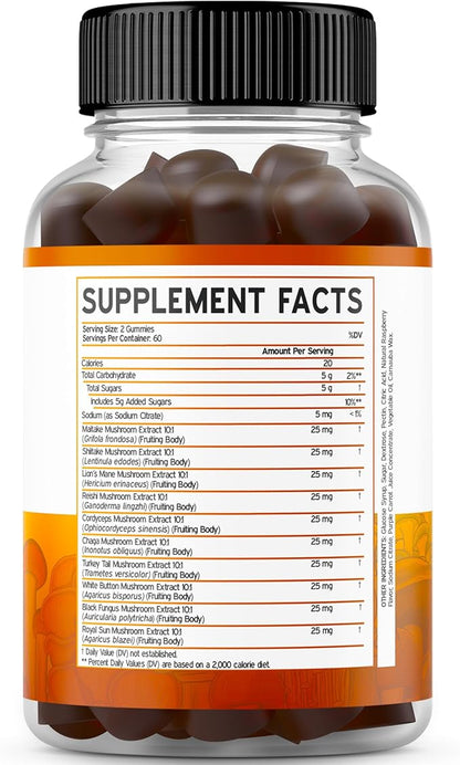 Mushroom Gummies 2500mg 10 in 1 Blend (120 Gummies with Lions Mane, Cordyceps, Reishi & More Functional Mushrooms) Focus & Brain Mushroom Supplement - Vegan & Third Party Tested - USA Made
