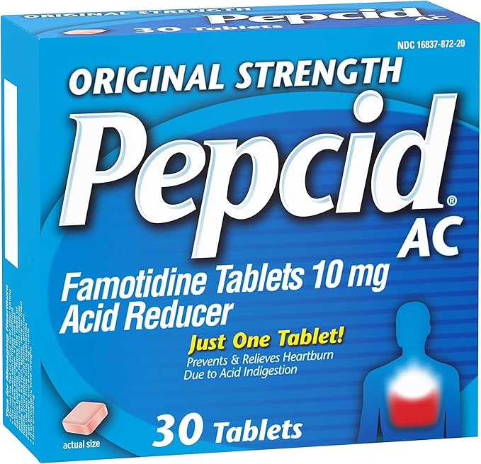 Pepcid AC Original Strength Heartburn Relief Tablets, OTC Medicine Prevents & Relieves Heartburn Due to Acid Indigestion & Sour Stomach, 10mg Famotidine Acid Reducer, Fast-Acting, 30 ct