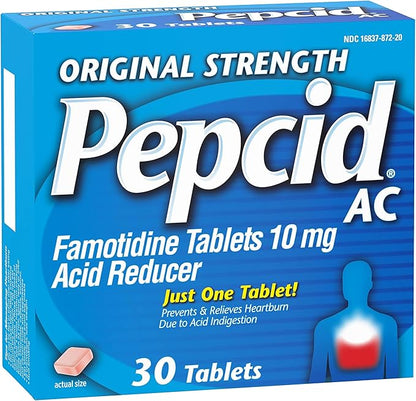 Pepcid AC Original Strength Heartburn Relief Tablets, OTC Medicine Prevents & Relieves Heartburn Due to Acid Indigestion & Sour Stomach, 10mg Famotidine Acid Reducer, Fast-Acting, 30 ct