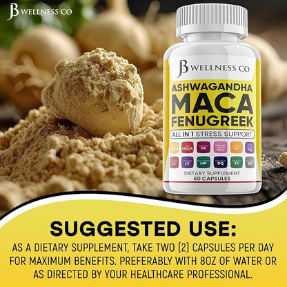 Ashwagandha Maca Root, Fenugreek Supplement with Tongkat Ali Ginseng - Assists with Mood & Thyroid Health - 60 Count