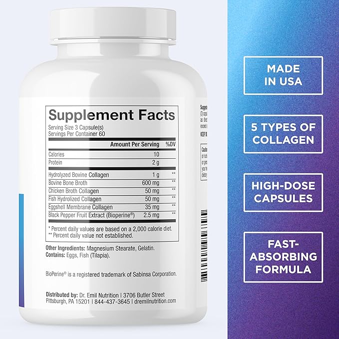 DR. EMIL NUTRITION Multi Collagen Pills - 180 Capsules - Collagen Supplements to Support Hair, Skin, Nails, & Joints - Hydrolyzed Collagen Supplements for Women with Types I, II, III, V & X