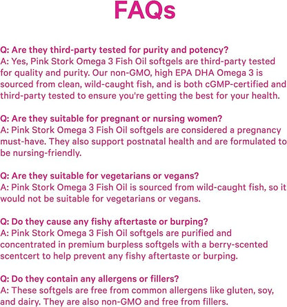 Pink Stork Omega 3 Fish Oil Supplements for Women with DHA and EPA - High Potency Burpless Omega-3 Supplement for Cognitive Health - 60 Softgels