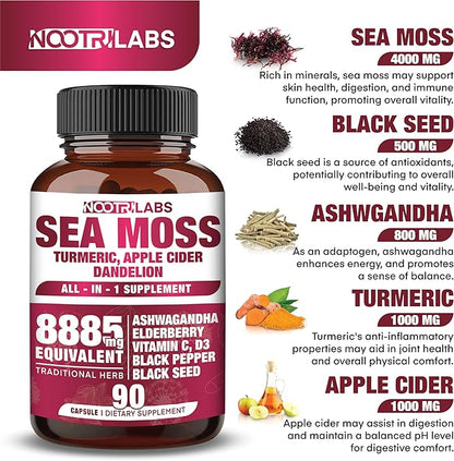 All-in-1 8885mg Highest Potency Sea Moss, Black Seed, Ashwagandha, Turmeric, Apple Cider Vinegar, Dandelion with Elderberry, Vitamin C & D3 - Immune, Energy Support Supplement - 90 Vegan Capsules