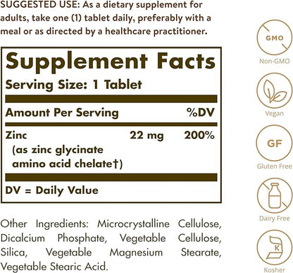 Solgar Chelated Zinc, 250 Tablets - Zinc for Healthy Skin - Supports Cell Growth & DNA Formation - Exerts Antioxidant Activity - Supports A Healthy Immune System - Non GMO, Vegan - 250 Servings