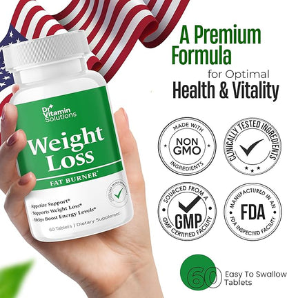 DR VITAMIN SOLUTIONS Fat Burner for Women & Men - Weight Loss Supplements with Green Tea Extract, Chromium, Vitamin B6 - Energy Booster, Belly Fat Burner & Appetite Suppressant Diet Pills - 60 Tablets