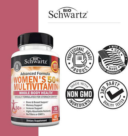 Daily Multivitamin for Women 50 & Over – Memory Support Supplement – Promotes Stress Reduction & Healthy Immune Response – Women's Multivitamin Supplement Designed for Stomach Comfort - 60 Capsules