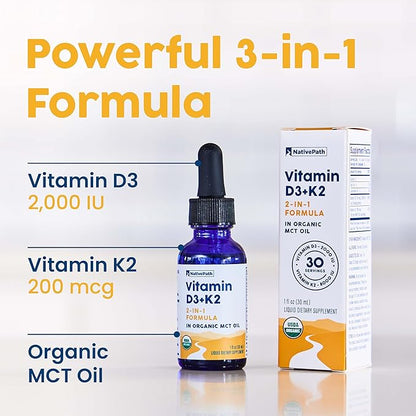 NativePath D3K2 Tincture - 2000IU Vitamin D3 and Vitamin K2 Supplement with Organic MCT Oil - 1 Fluid Ounce - Rapid Bioavailability Multi-Vitamin for Bone Strength and Total Body Wellness, 30 Servings