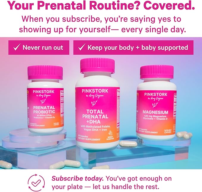 Pink Stork Total Prenatal Vitamins with DHA, Folate, Iron, Choline, and Vitamin B12 - Preconception Nutrition - Prenatals for Women, Pregnancy Must Haves - Mint Essence, 60 Capsules, 1 Month Supply