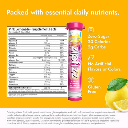 Zipfizz Daily Energy Drink Powder, Pink Lemonade, 12 Pack | 3-in-1 Sustained Energy, Rapid Hydration, and Essential Vitamins | Sugar-Free | Electrolyte Powder | Contains Vitamin B-12 & Antioxidants
