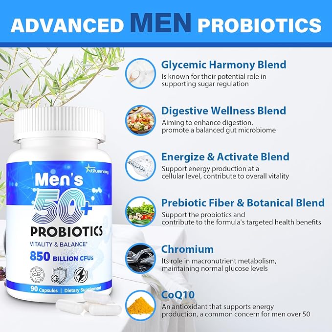 Probiotics for Men, Advanced 50+ Mens Probiotic, Comprehensive Gut & Energy Support with 850 Billion CFU, 1800mg Prebiotics Fiber – Tailored Wellness mens probiotics for gut health over 50, 180Capsule