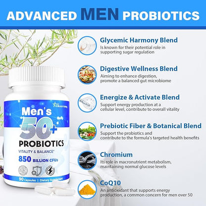 Probiotics for Men, Advanced 50+ Mens Probiotic, Comprehensive Gut & Energy Support with 850 Billion CFU, 1800mg Prebiotics Fiber – Tailored Wellness mens probiotics for gut health over 50, 180Capsule