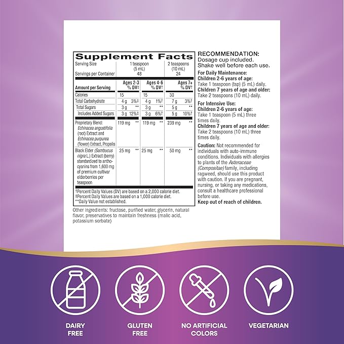 Nature's Way Sambucus Elderberry Immune Syrup for Kids Ages 2+, with Echinacea & Propolis, Daily Immune Support*, Vegetarian, Berry Flavored, 8 Fl Oz