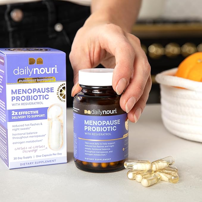 Daily Nouri Menopause Probiotic with Resveratrol | For Menopause Relief, Hormonal Balance & Estrogen Metabolism Support | Resveratrol Capsules to Reduce Hot Flashes | 30-Day Supply