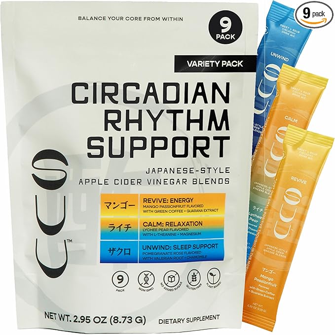 Circadian Rhythm, Hydration & Gut Health Powder Drink – Variety Pack of 9, Japanese Style Apple Cider Vinegar Blends with Wellness-Driven Ingredients for Sleep, Energy, Relaxation & Mental Clarity