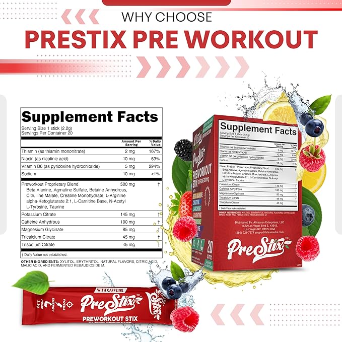 Clean Nutraceuticals Pre Workout Powder Stix - Creatine Monohydrate, Beta Alanine, L-Citrulline, Caffeine, L-Tyrosine, L-Carnitine – PreWorkout with Electrolytes – Energy Drink Alternative – 20 Count