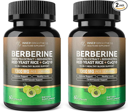 Berberine 1300mg with Green Tea Extract, Resveratrol, Red Yeast Rice & CoQ10 – 13-in-1 Immune Health, Natural Metabolic Support – 60 Capsules – Non-GMO, Lab Tested - 2 Pack