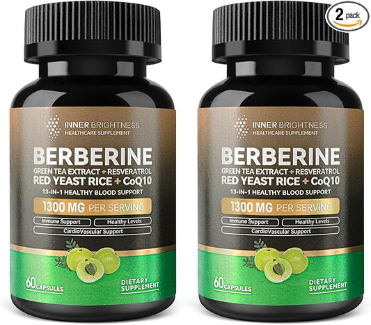 Berberine 1300mg with Green Tea Extract, Resveratrol, Red Yeast Rice & CoQ10 – 13-in-1 Immune Health, Natural Metabolic Support – 60 Capsules – Non-GMO, Lab Tested - 2 Pack